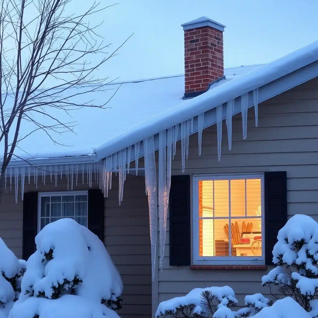 Ice dam forming along the eave of a snow-covered Northern Michigan home