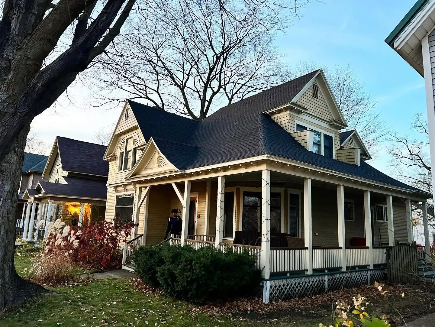 Falcon Roofing crew working on a roofing project in downtown Traverse City, Michigan