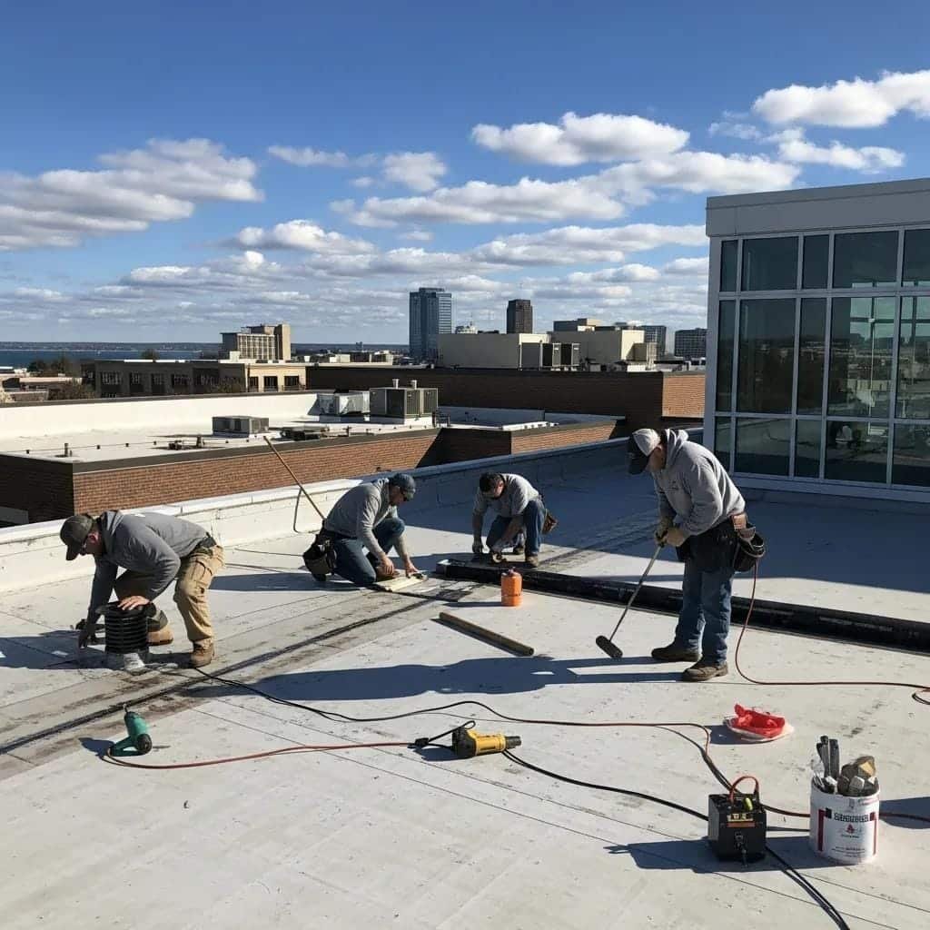 Flat roofing system installed on a residential structure