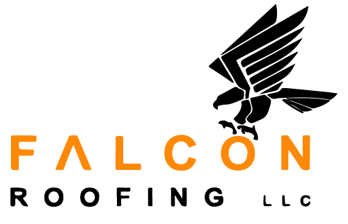 Logo for Falcon Roofing LLC featuring a stylized falcon in black with the text "FALCON" in orange and "ROOFING LLC" in black.