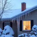 A house with a snow-covered roof and icicles hanging from the eaves showcases the charm of Northern Michigan homes. A warm light glows from a window, illuminating a chair inside. Snow-covered bushes are in the foreground, offering tips for appreciating winter's beauty while ensuring ice dam prevention.