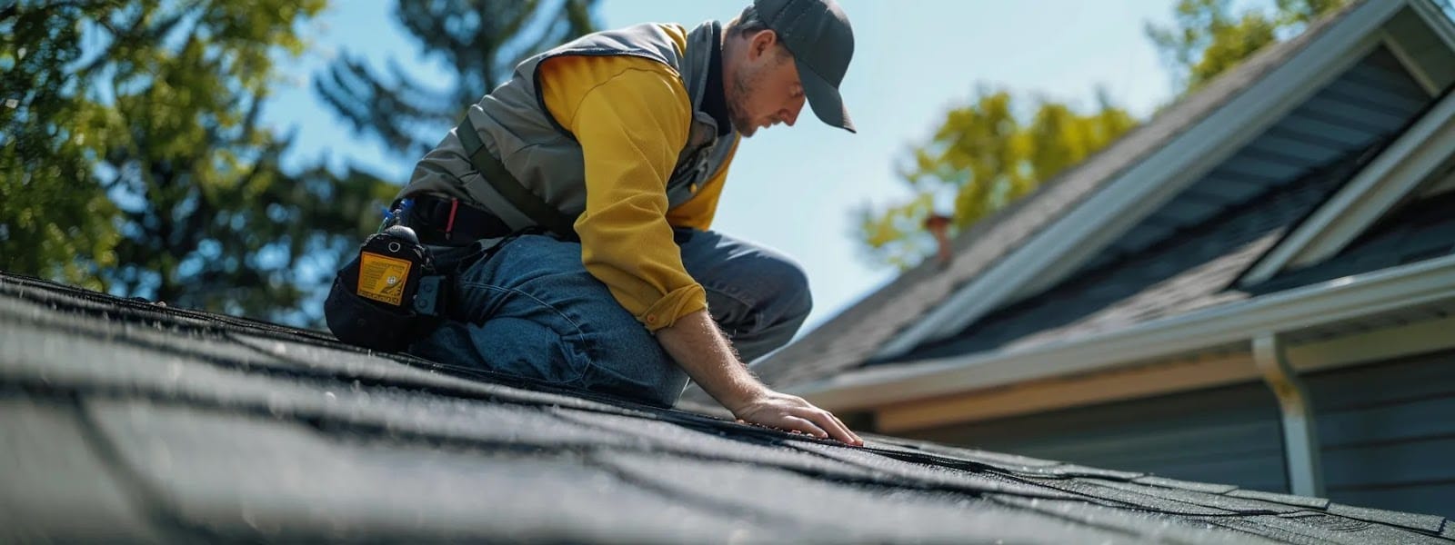 a professional roofing inspector meticulously examines a well-maintained rooftop under bright, natural sunlight, highlighting the detailed texture of shingles and flashing while showcasing the harmony of safety and asset value in home maintenance.