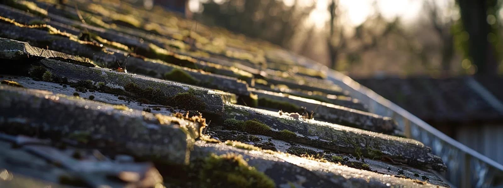 a close-up view of a weathered roof in houston, texas, showcasing visible storm damage, moss growth, and deteriorating flashing under dramatic, afternoon sunlight, highlighting common roof issues that threaten safety and structural integrity.