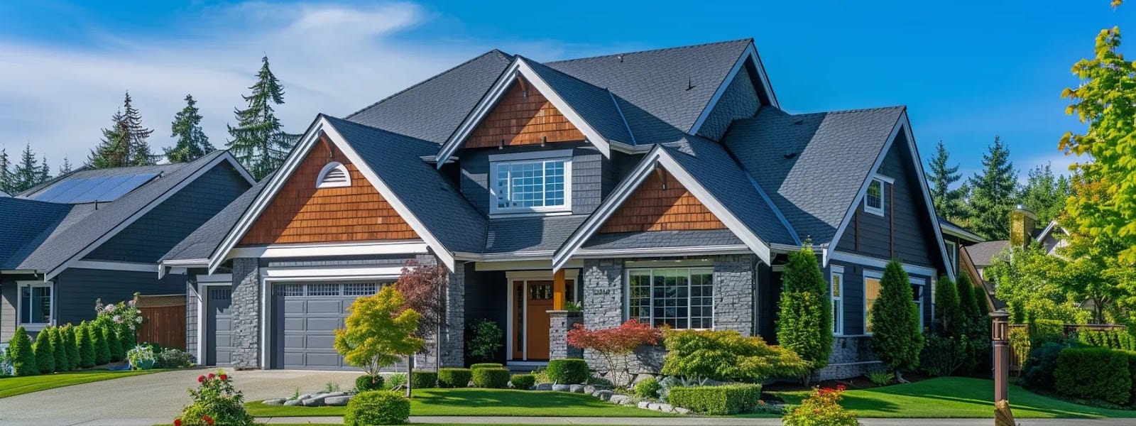 a serene suburban home stands proudly under a clear blue sky, showcasing a freshly maintained roof with gleaming shingles, vibrant gutters, and healthy greenery surrounding it, symbolizing the importance of regular roof maintenance for safety and longevity.