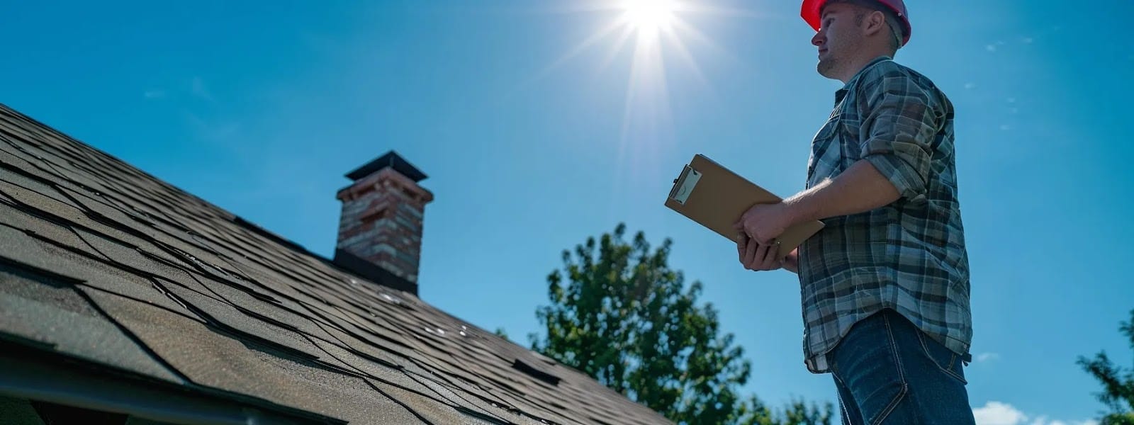 a confident homeowner stands at the edge of a well-maintained roof, surveying a clear blue sky, while a professional roofing inspector with a clipboard inspects the shingles meticulously, embodying trust and expertise in a bright, inviting atmosphere.