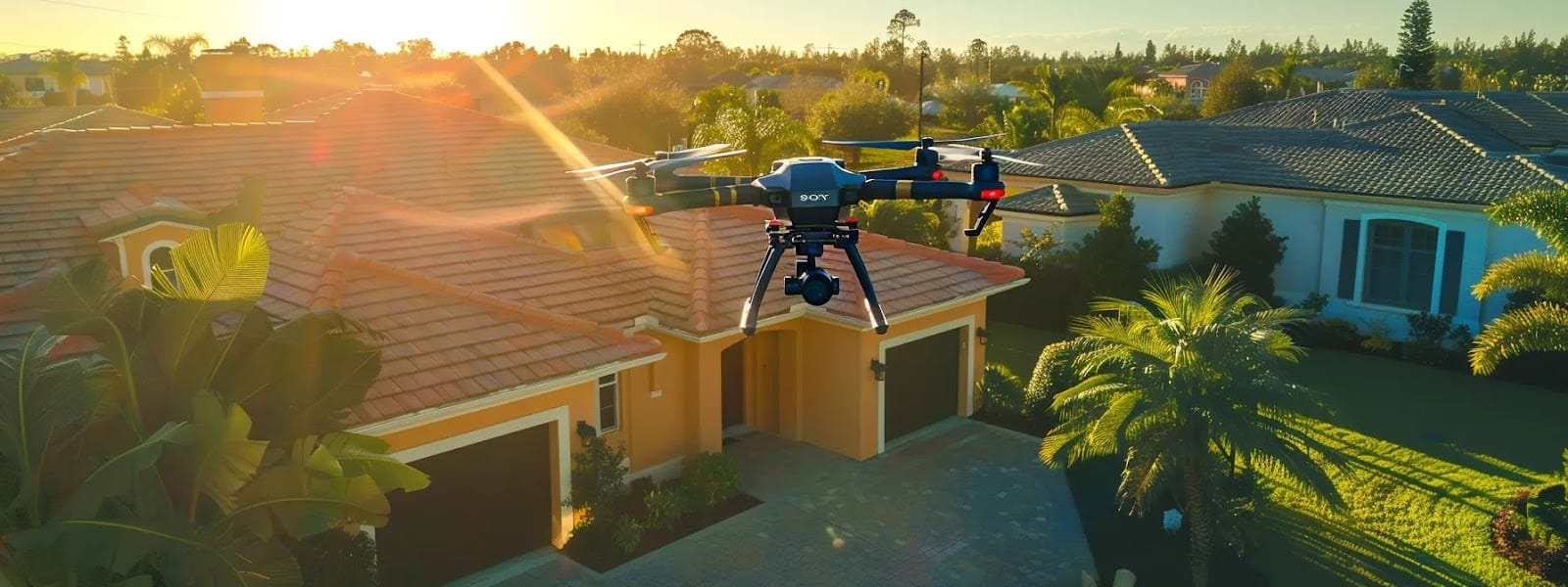 a vibrant aerial view captures a professional drone conducting a roof inspection over a sunlit florida home, showcasing advanced technology with clear blue skies and lush greenery in the background.