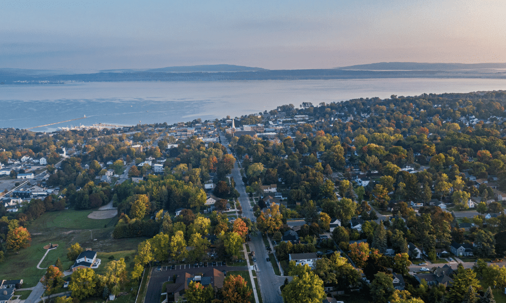 Aerial view of a town with tree-lined streets, houses, and a nearby body of water under a hazy sky.