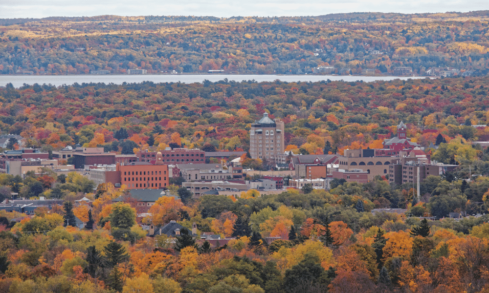 Aerial view of a town surrounded by dense autumn foliage, with a large body of water in the background under a cloudy sky.