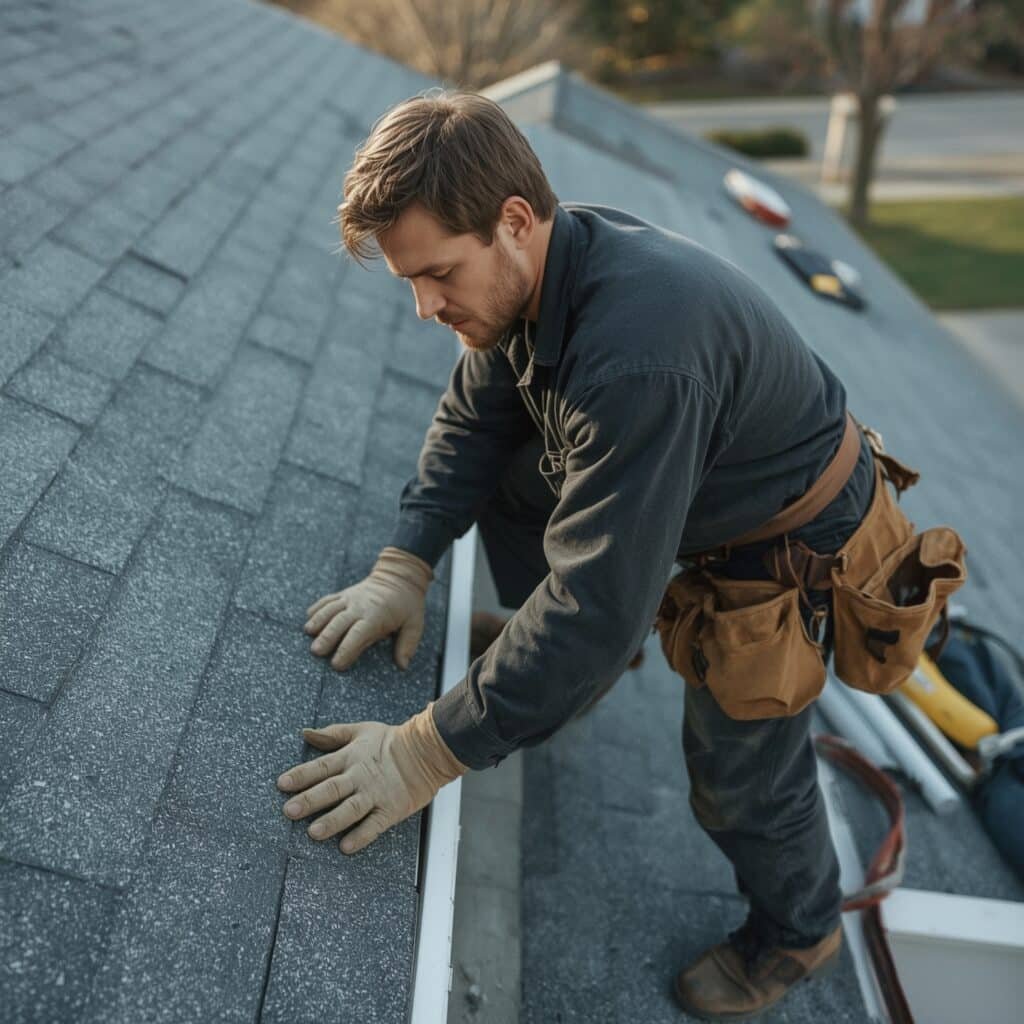 A man wearing gloves and a tool belt installs or repairs shingles on a residential roof under daylight, demonstrating key steps from a homeowner guide to inspect your roof.