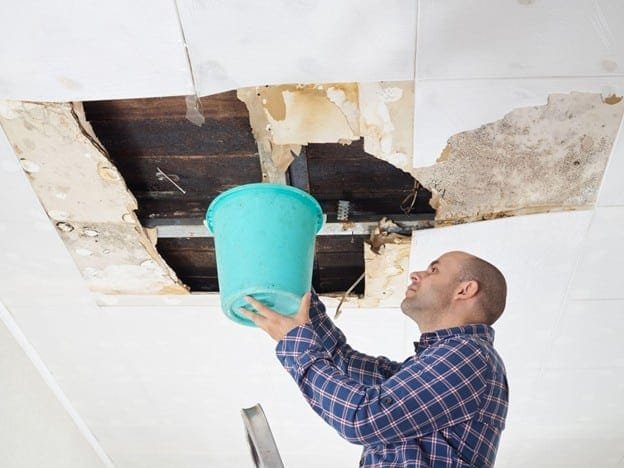 A man stands on a ladder holding a bucket under a leaking, damaged ceiling with exposed pipes and water stains, searching for roof leak solutions.