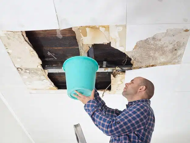 A man stands on a ladder holding a bucket under a leaking, damaged ceiling with exposed pipes and water stains, searching for roof leak solutions.