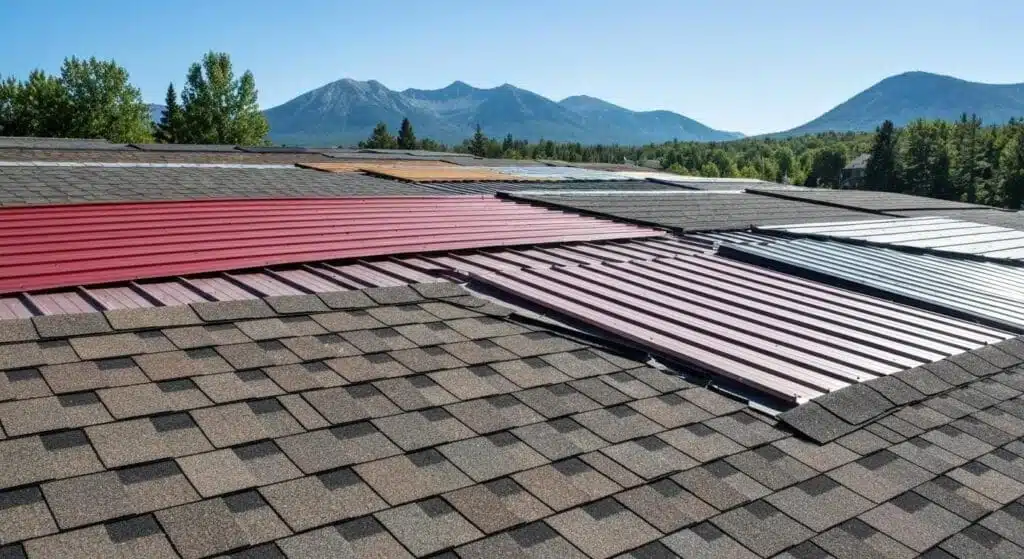 A display of various residential roofing materials, including asphalt shingles, metal roofing, and flat membranes, set against a Northern Michigan backdrop