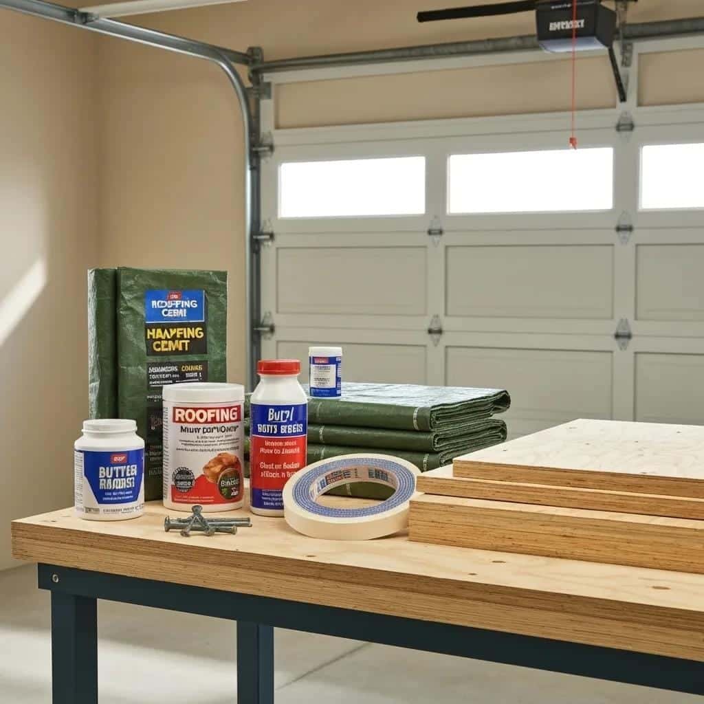Essential materials for temporary roof leak repairs displayed on a workbench