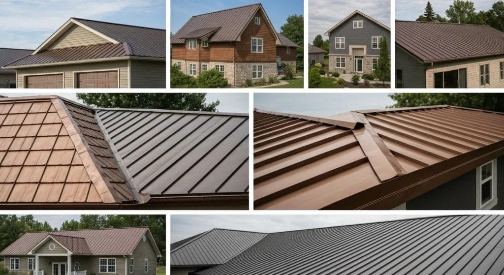 A variety of metal roofing styles on residential and commercial buildings, highlighting their durability and attractive appearance