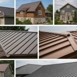 A variety of metal roofing styles on residential and commercial buildings, highlighting their durability and attractive appearance