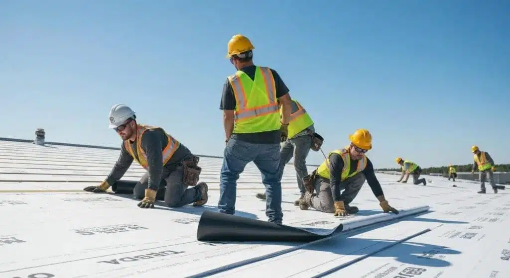 Construction workers installing TPO roofing on a commercial building in Northern Michigan, demonstrating high standards of quality and safety in their roofing solutions