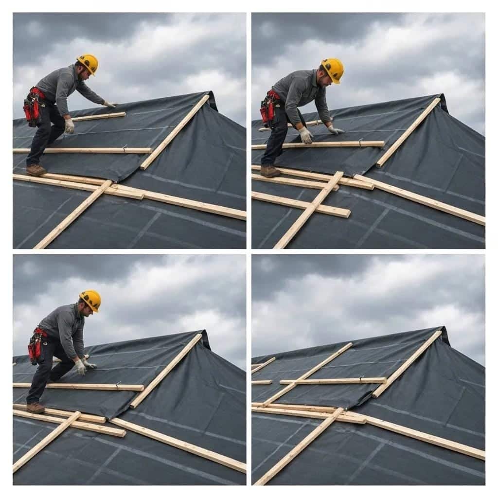 Person installing a tarp on a roof for emergency storm damage protection