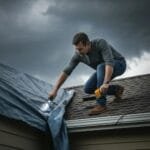 Homeowner inspecting roof for leaks during a storm emergency