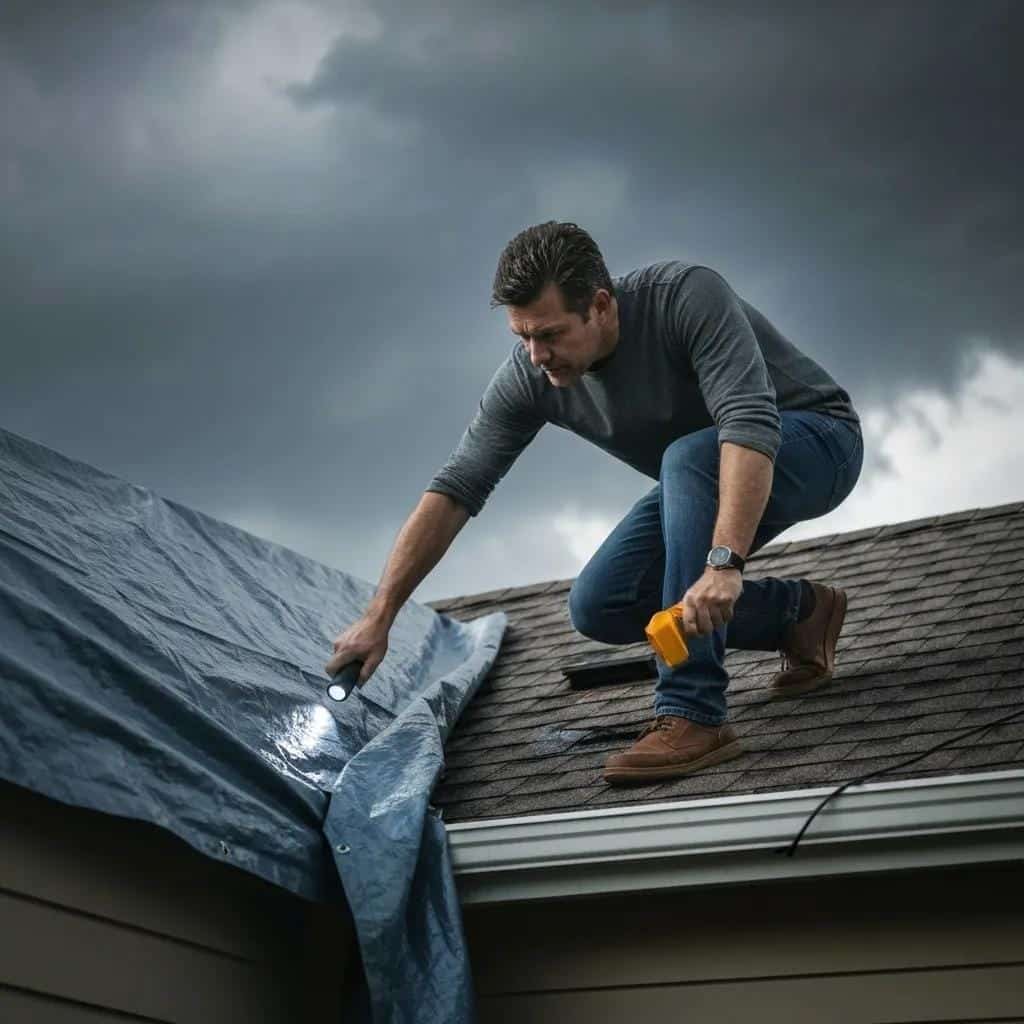 Homeowner inspecting roof for leaks during a storm emergency