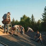 Expert roofing crew expertly installing a new roof on a home in Northern Michigan, showcasing their skill and teamwork