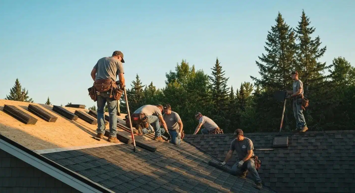Expert roofing crew expertly installing a new roof on a home in Northern Michigan, showcasing their skill and teamwork