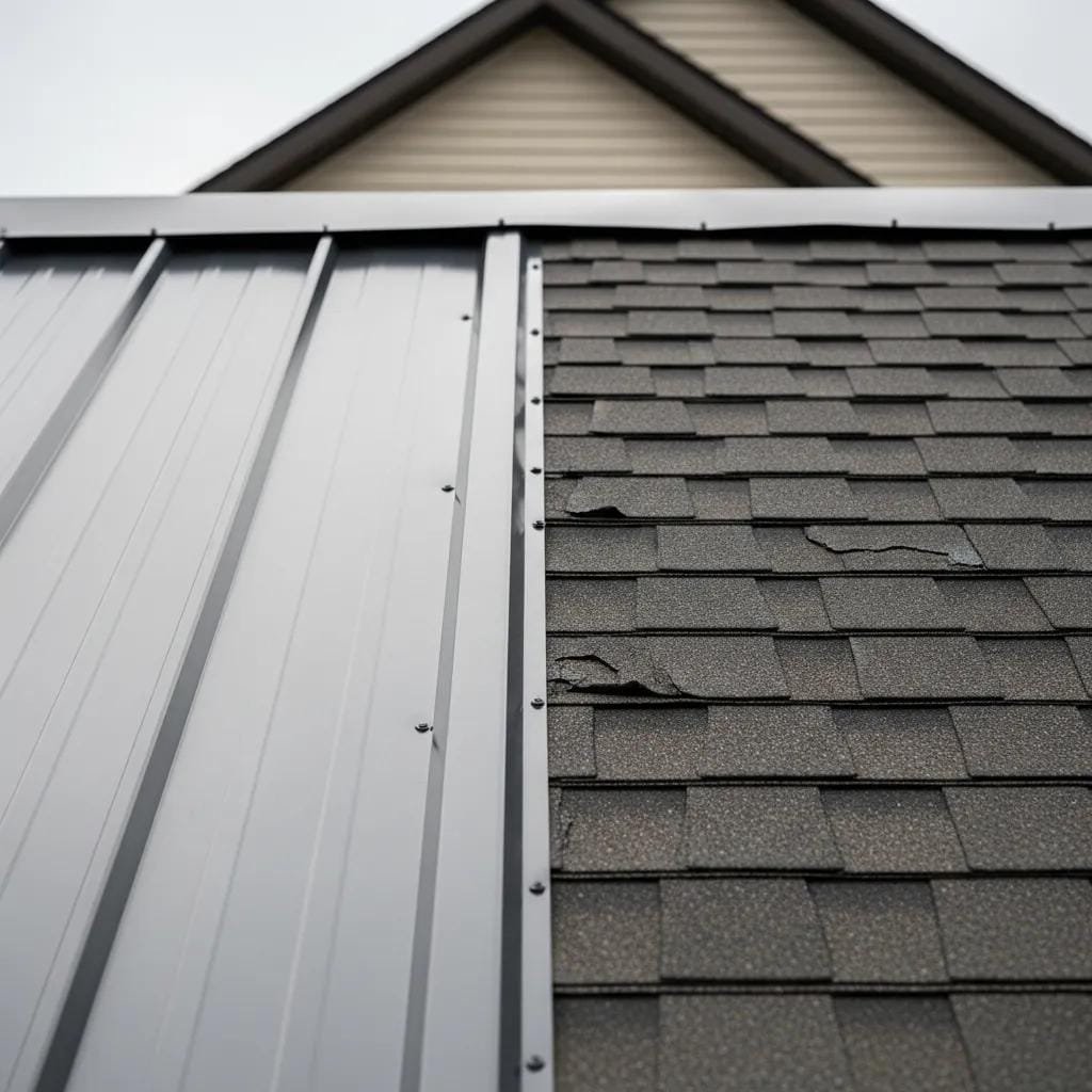 Close-up of metal roofing and asphalt shingles to show durability differences