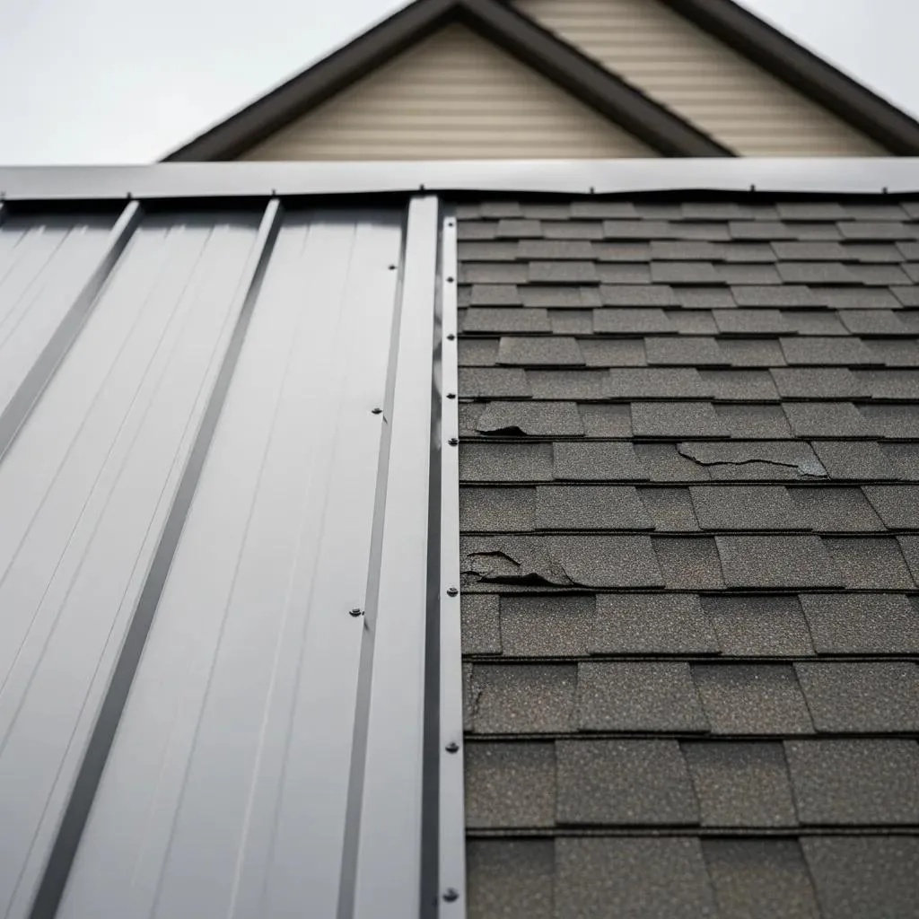 Close-up of metal roofing and asphalt shingles to show durability differences