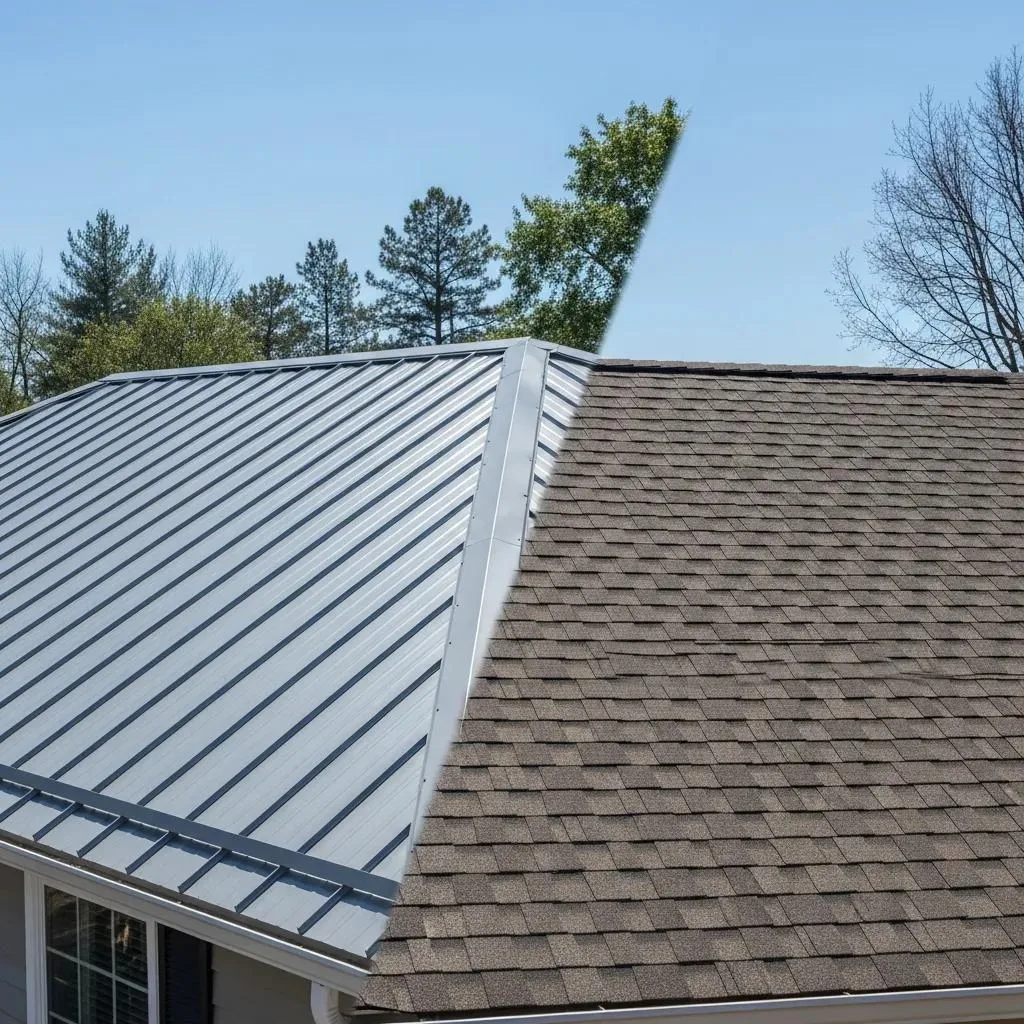 Comparison of metal roofing and asphalt shingles on a residential home, highlighting roofing options