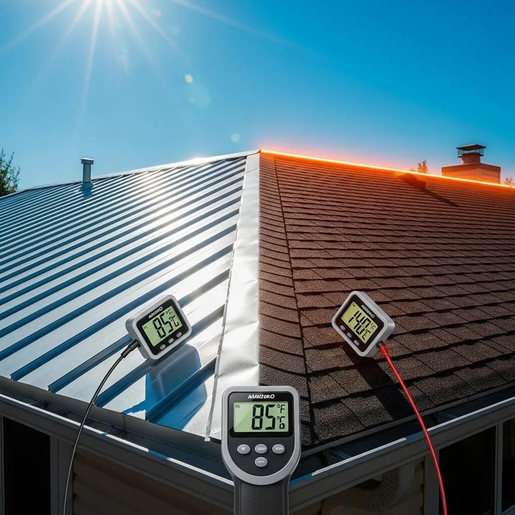 Metal roof reflecting sunlight versus asphalt roof absorbing heat &mdash; energy performance comparison